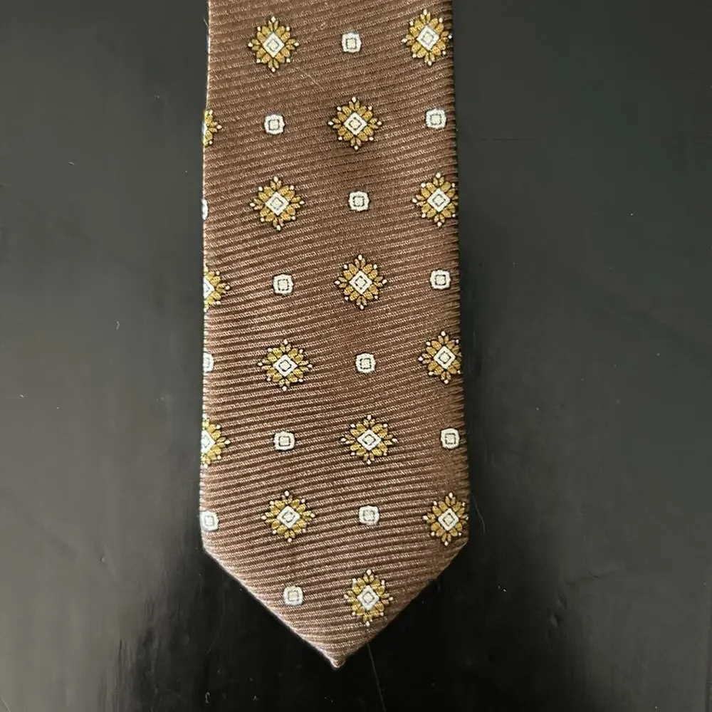 Bijoux Terner Cappuccino Brown Silk Tie, Gold & White Pattern, Perfect for Fall